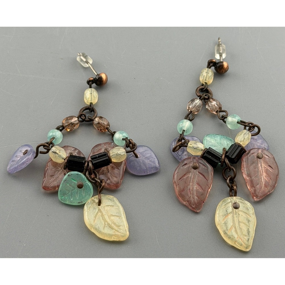 Vintage Earrings Carved Glass Floral Leaves Chandelier Multicolored 2"